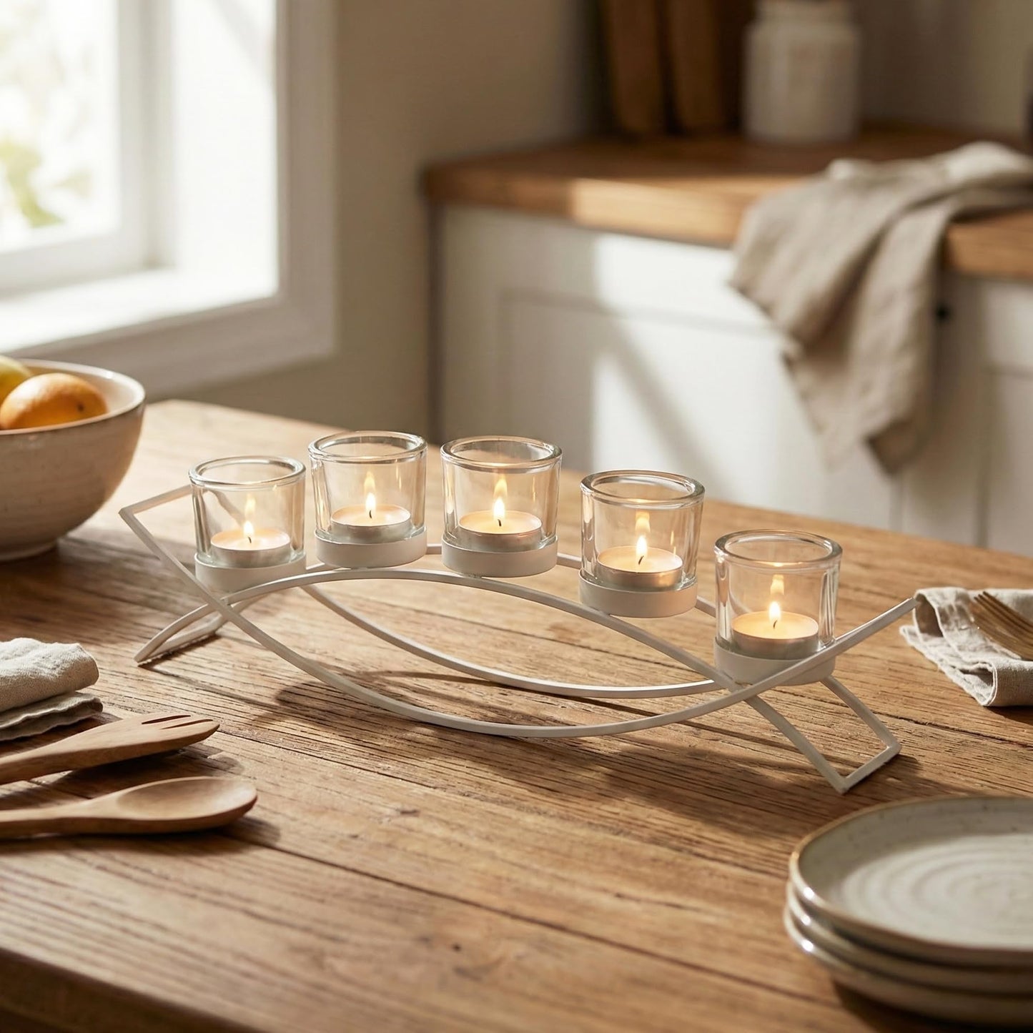 Iron Arch Table Centerpiece Decorations Long Candle Holder for Weddings, Patio, Kitchen, Dining Room, and Coffee Tables, White, Clear Chunky 5 Cups - White 5 Cup - PT02