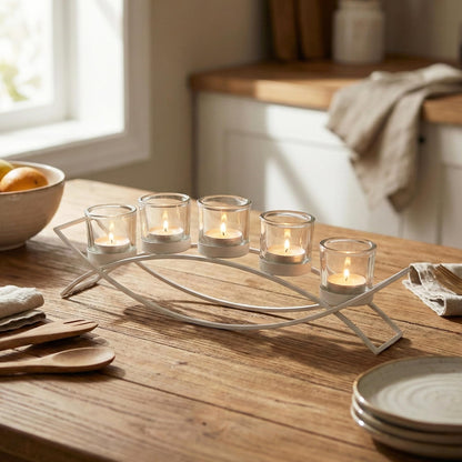 Iron Arch Table Centerpiece Decorations Long Candle Holder for Weddings, Patio, Kitchen, Dining Room, and Coffee Tables, White, Clear Chunky 5 Cups - White 5 Cup - PT02