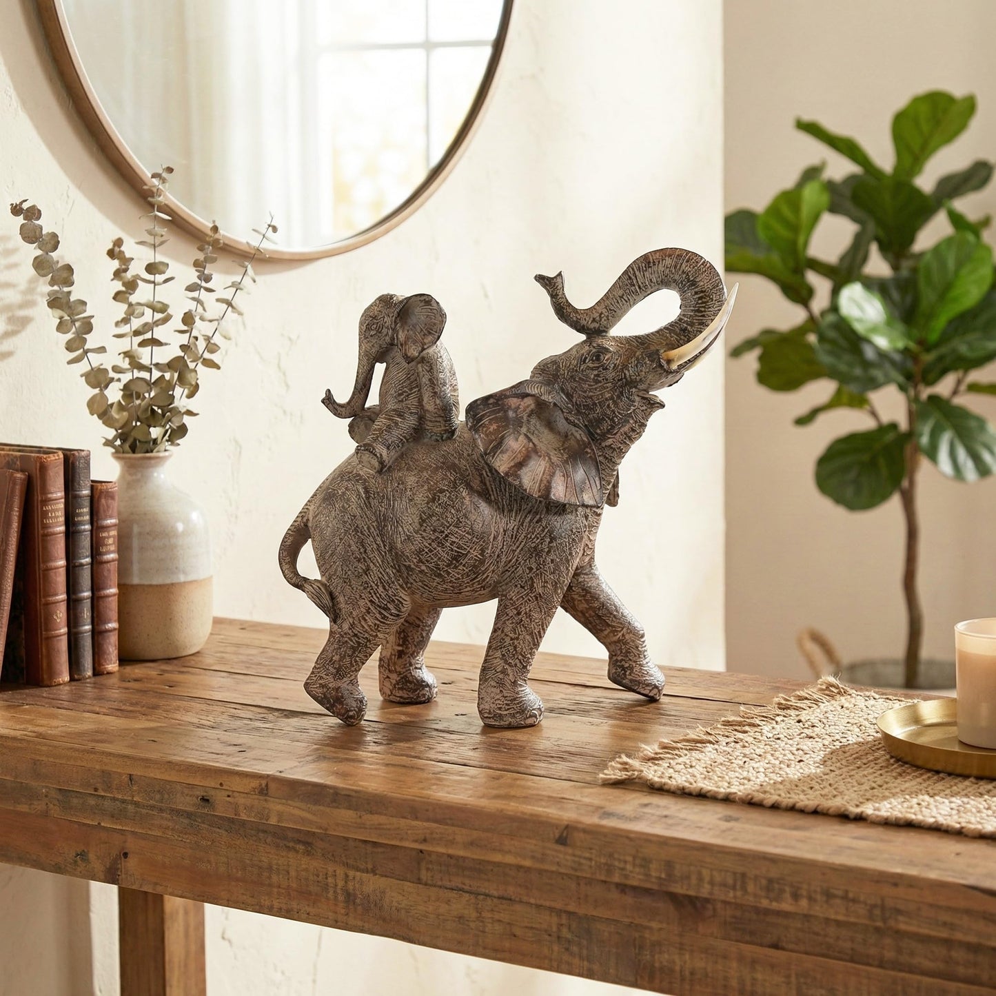 Large African Elephant Decor Gifts for Women, Elephant Sculpture Mother Carrying Baby Statue - Beige/Brown Mother Elephant Carrying Baby - PT03
