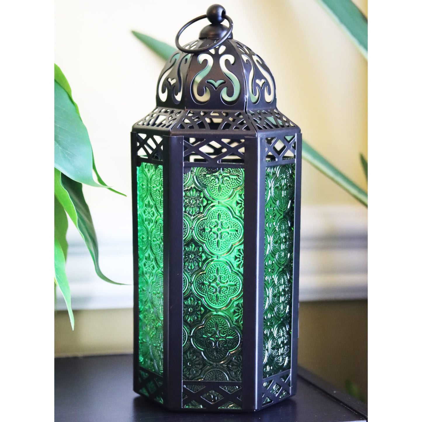 10.5" Moroccan Lamp Lantern Decorative Candle Holder for Indoor Outdoor Home Decor, Patio, Weddings, Ramadan Decorations, Blue/Amber/Green, Medium, Set of 3 - Blue/Amber/Green Medium - PT04