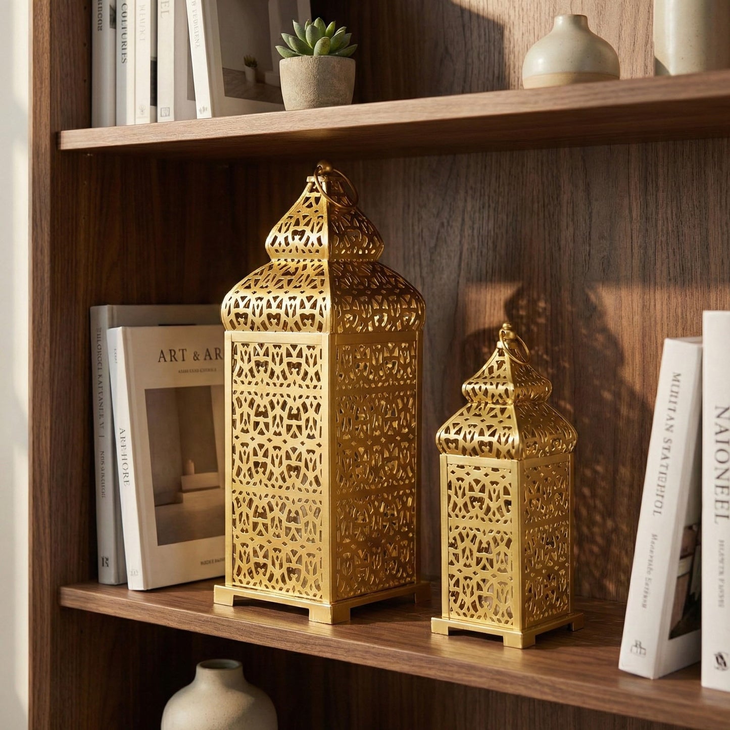 Golden Temple Moroccan Lantern Lamp Decorative Candle Holders for Ramadan Decorations, Hanging, Outdoor Patio or Porch, Indoor Home Decor, Gold, Set of 2 (11" a - Gold 11" and 15" - PT04