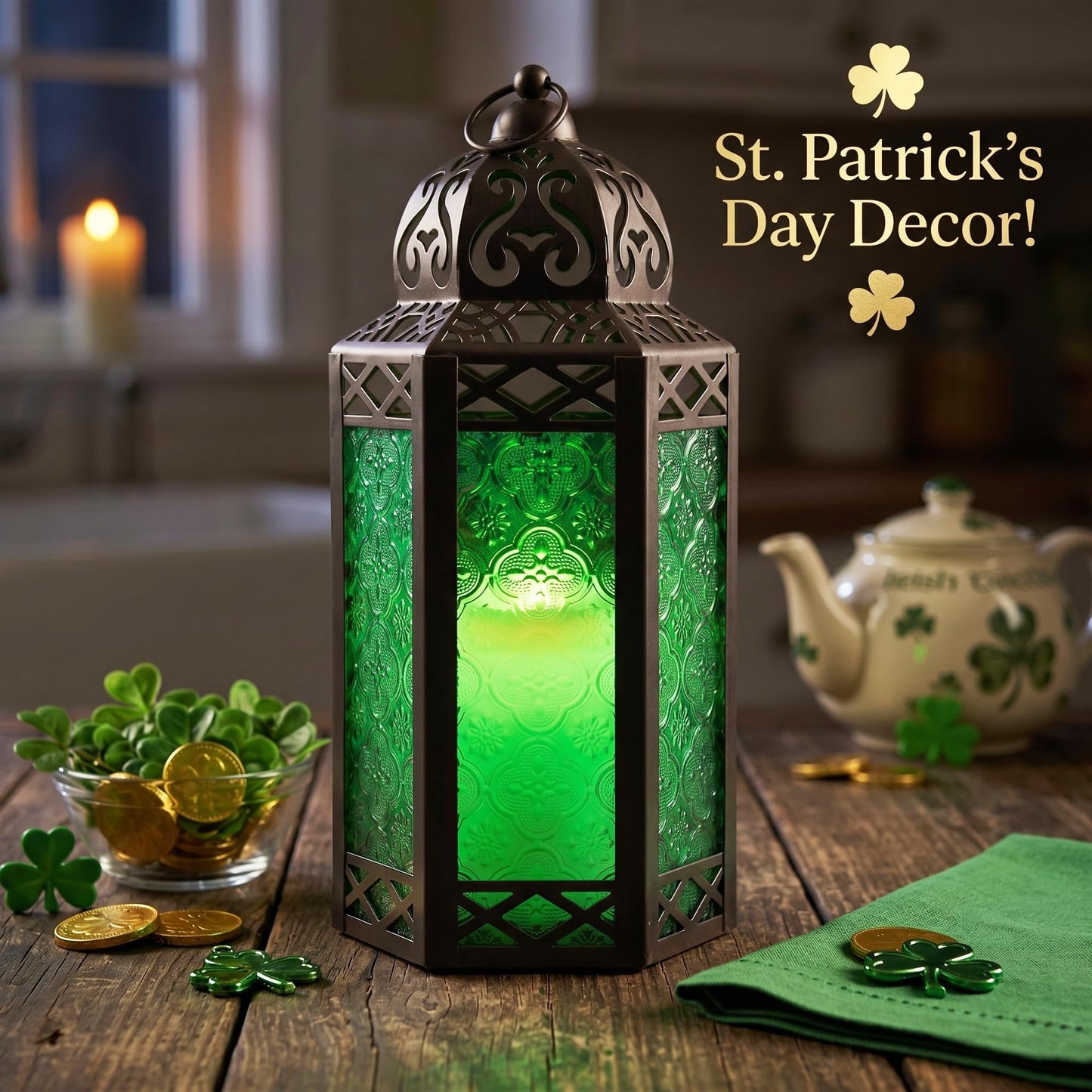 Black Metal Decorative Moroccan Lantern Candle Holder Lamp - Indoor/Outdoor, Home Decor, Patio, Weddings, Christmas - Green Large - PT04