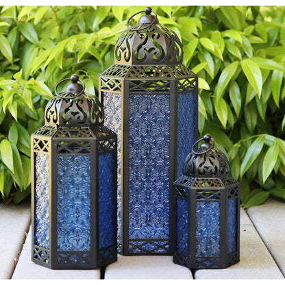 Set of 3 Metal Moroccan Candle Lantern Holders (XL, Large, Small) - Decorative Indoor/Outdoor Decor for Patio, Floor, Weddings & Ramadan - Cobalt XL-LAR-SM - MAIN