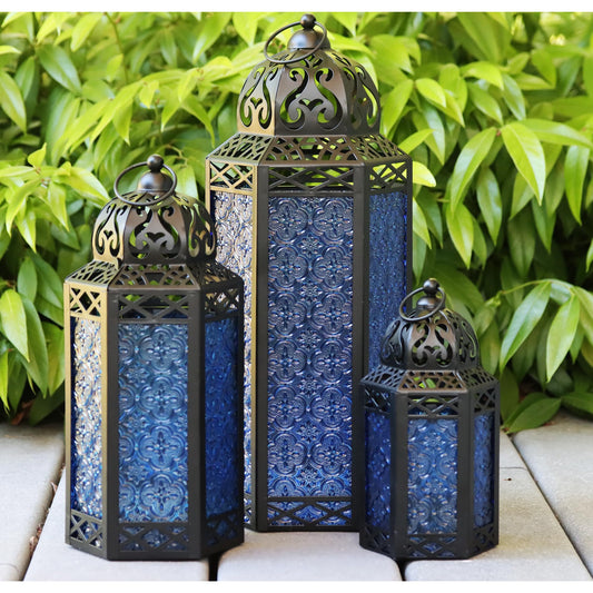 Set of 3 Metal Moroccan Candle Lantern Holders (XL, Large, Small) - Decorative Indoor/Outdoor Decor for Patio, Floor, Weddings & Ramadan - Cobalt XL-LAR-SM - MAIN