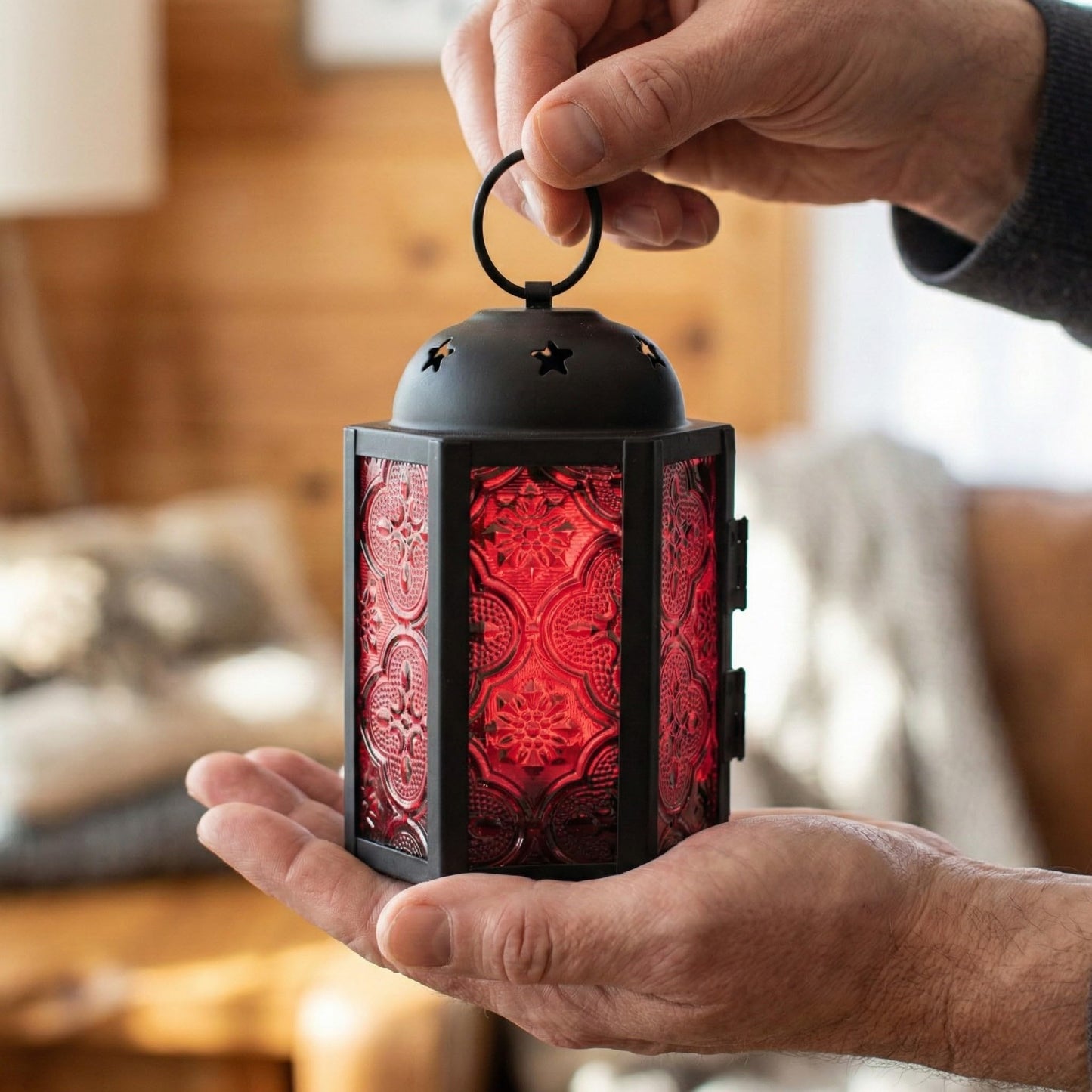 Mini Moroccan Tea Light Candle Holder Lanterns – 4.25" Small Decorative Lantern for Table or Hanging, Metal with Glass Panels – Ramadan, Wedding, Home Decor, Ru - Ruby Red 4 - PT05
