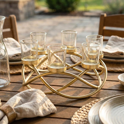 Iron Round Table Decor Centerpiece Decorations Candle Holder for Weddings, Outdoor Patio, Kitchen, Dining Room, and Coffee Tables, Glass Votive Tealight Holders - Gold/Clear 6-Cup - PT05
