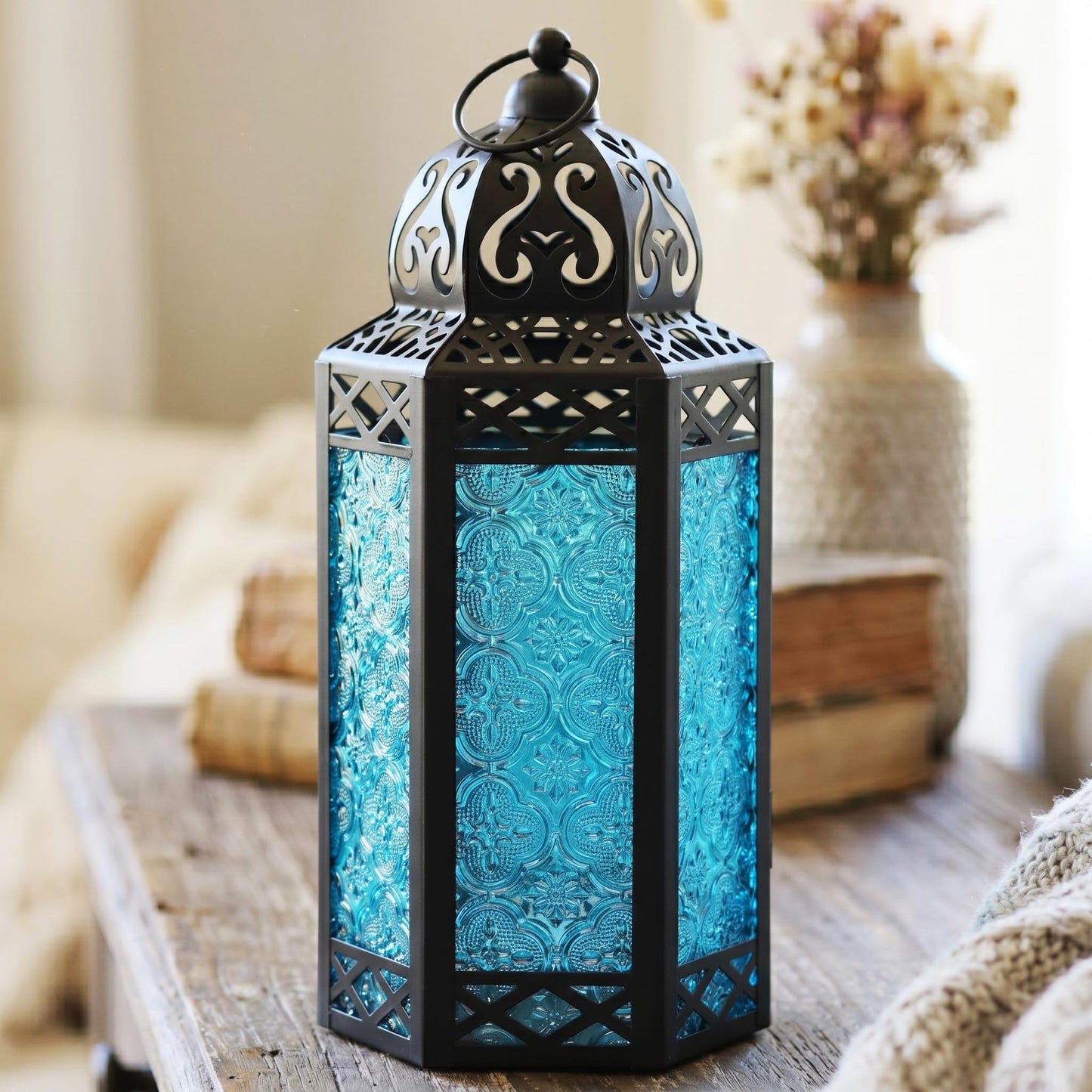 Black Metal Decorative Moroccan Lantern Candle Holder Lamp - Indoor/Outdoor, Home Decor, Patio, Weddings, Christmas - Blue Large - PT07