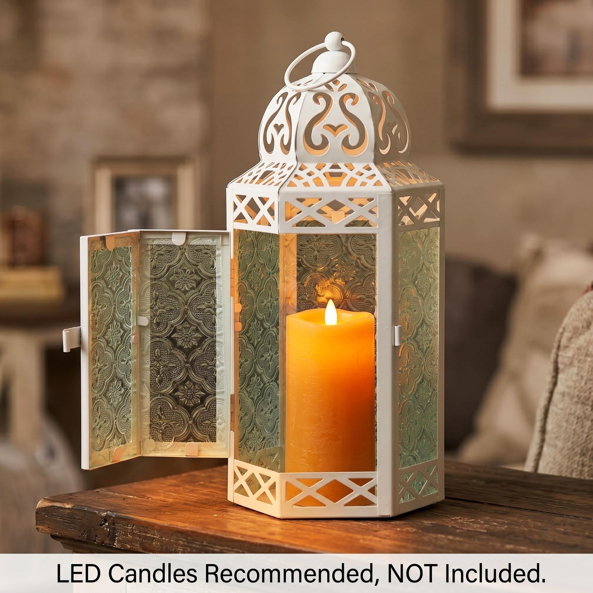 Black Metal Decorative Moroccan Lantern Candle Holder Lamp - Indoor/Outdoor, Home Decor, Patio, Weddings, Christmas - White/Clear Large - PT07