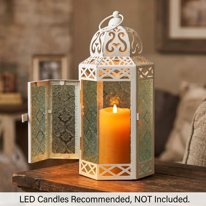 Black Metal Decorative Moroccan Lantern Candle Holder Lamp - Indoor/Outdoor, Home Decor, Patio, Weddings, Christmas - White/Clear Large - PT07