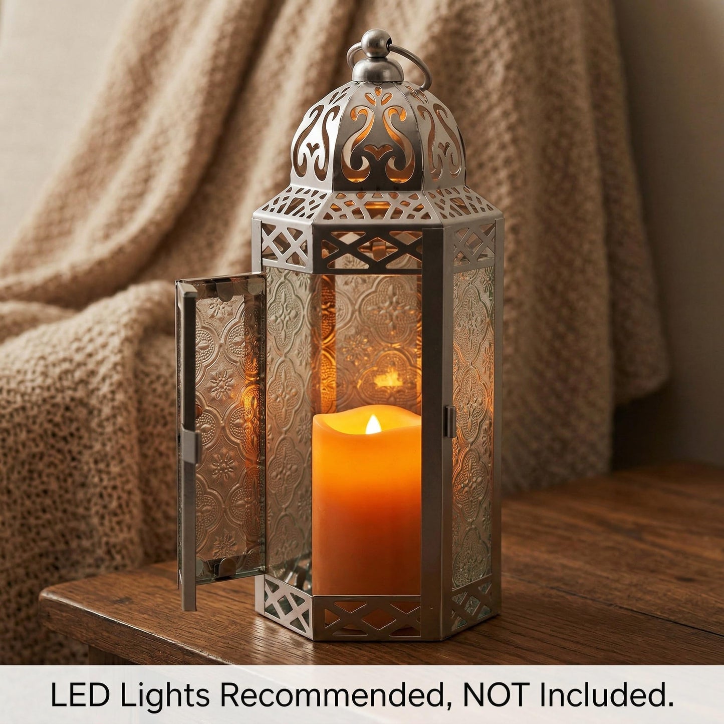 Black Metal Decorative Moroccan Lantern Candle Holder Lamp - Indoor/Outdoor, Home Decor, Patio, Weddings, Christmas - Silver Medium - PT05