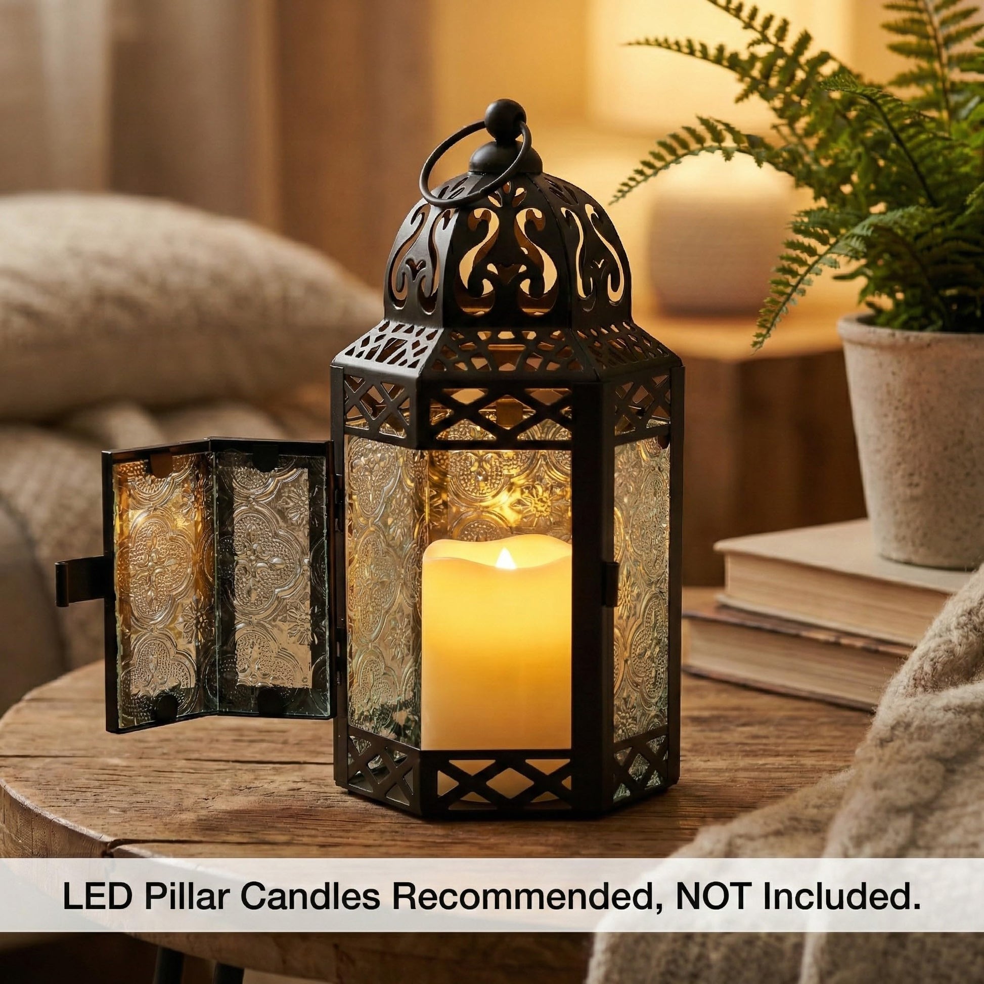 Black Metal Decorative Moroccan Lantern Candle Holder Lamp - Indoor/Outdoor, Home Decor, Patio, Weddings, Christmas - Clear Small - PT06