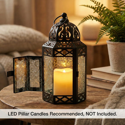 Black Metal Decorative Moroccan Lantern Candle Holder Lamp - Indoor/Outdoor, Home Decor, Patio, Weddings, Christmas - Clear Small - PT06