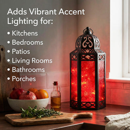 Metal Moroccan Decorative LED Fairy Lights Candle Lantern Holders for Indoor Home Fantasy Decor, Table Centerpieces, Outdoor Patio or Porch, Weddings, Medium - Red Large - PT03