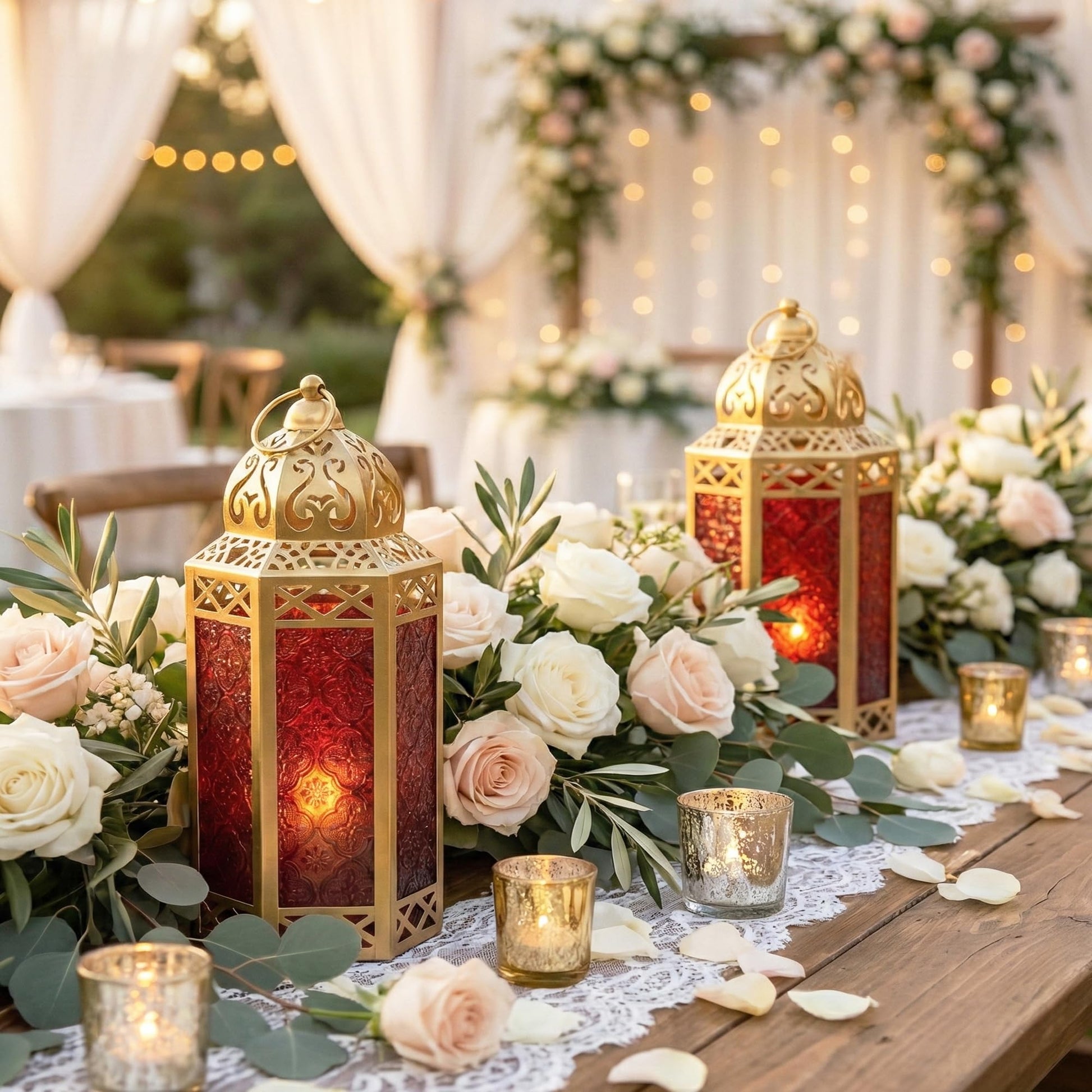 Gold Metal Decorative Moroccan Lantern Candle Holder Lamp - Indoor/Outdoor, Home Decor, Patio, Weddings, Christmas - Gold/Red Large - PT07