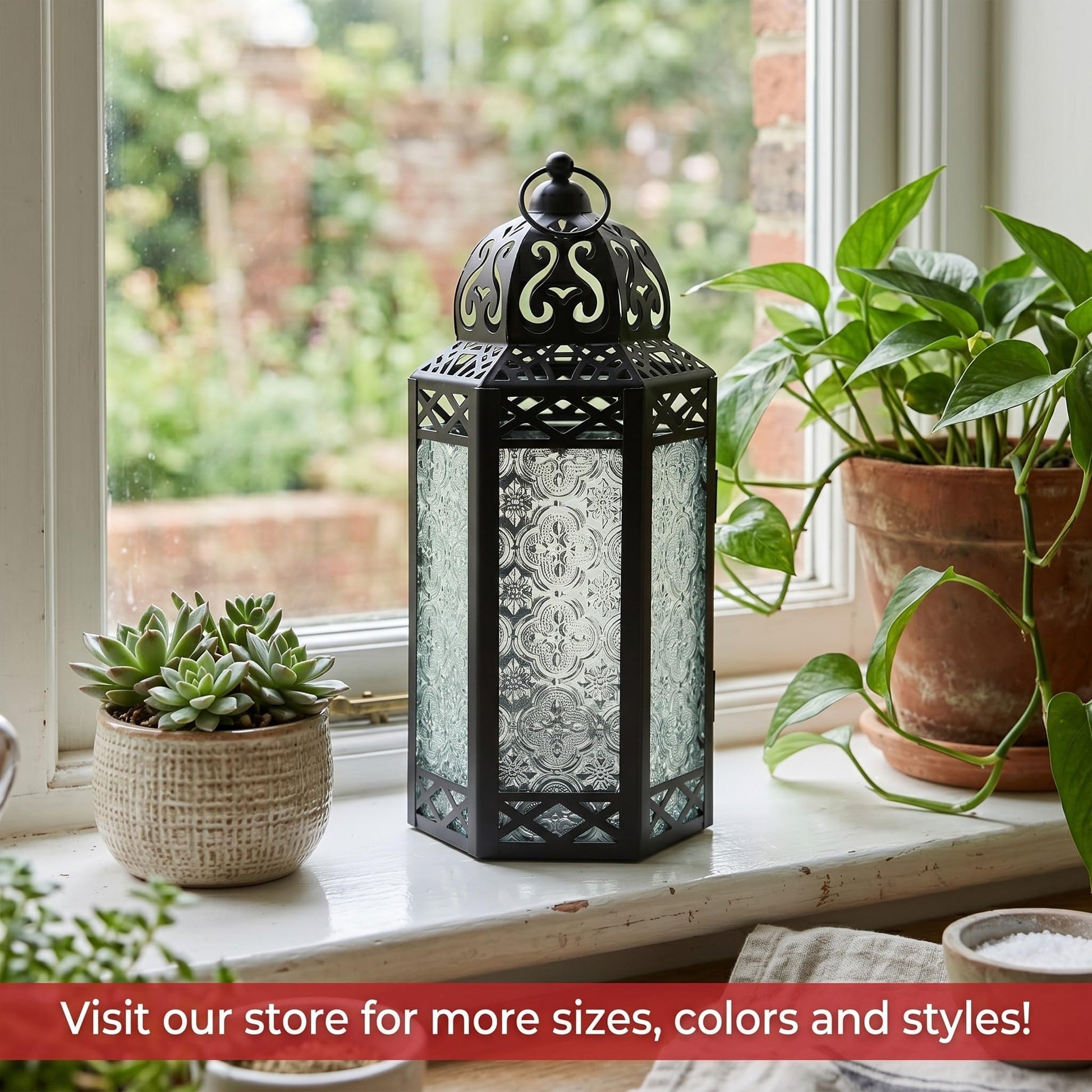 Black Metal Decorative Moroccan Lantern Candle Holder Lamp - Indoor/Outdoor, Home Decor, Patio, Weddings, Christmas - Clear Large - PT01