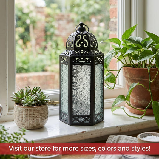 Black Metal Decorative Moroccan Lantern Candle Holder Lamp - Indoor/Outdoor, Home Decor, Patio, Weddings, Christmas - Clear Large - PT01