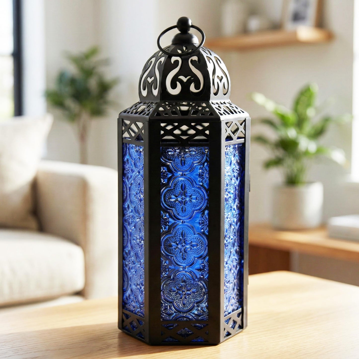 Metal Moroccan Decorative LED Fairy Lights Candle Lantern Holders for Indoor Home Fantasy Decor, Table Centerpieces, Outdoor Patio or Porch, Weddings, Medium - Cobalt Medium - PT04