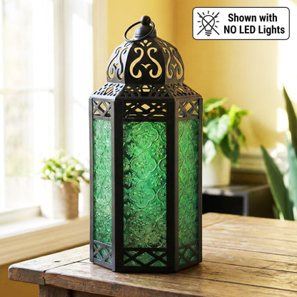Metal Moroccan Decorative LED Fairy Lights Candle Lantern Holders for Indoor Home Fantasy Decor, Table Centerpieces, Outdoor Patio or Porch, Weddings, Medium - Green Large - PT08