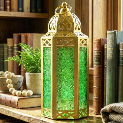 Gold Metal Decorative Moroccan Lantern Candle Holder Lamp - Indoor/Outdoor, Home Decor, Patio, Weddings, Christmas - Gold/Green Medium - PT07
