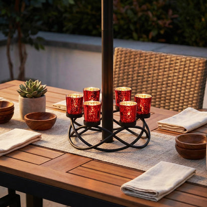 Iron Round Votive Tealight Candle Holder Centerpiece for Halloween and Christmas Decorations - Table Decor for Weddings, Outdoor Patio, Kitchen, and Coffee Tabl - Black/Red circular - PT02