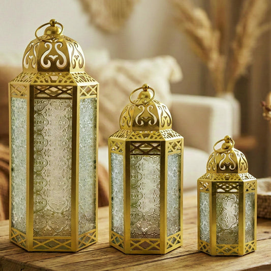 Set of 3 Clear Glass & Gold Metal Moroccan Candle Lantern Holders (XL, Large, Small) - Decorative Indoor/Outdoor Decor for Patio, Floor, Weddings & Ramadan - Gold 3 unidades - MAIN