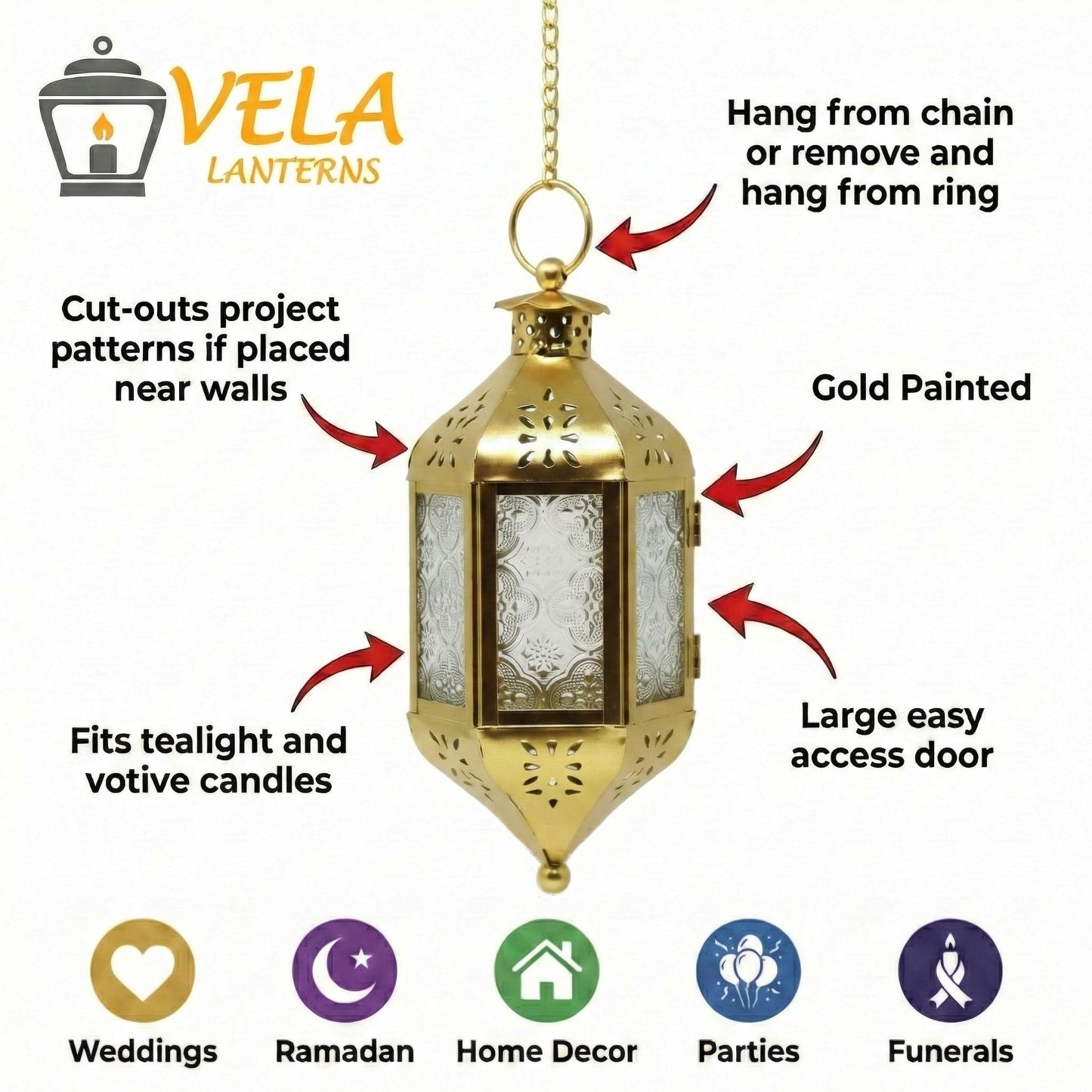 Hanging Moroccan Decorative Candle Lantern Holders for Outdoor Décor - Gold Hanging - PT05