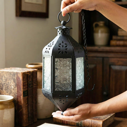 11.5" Hanging Moroccan Decorative Candle Lantern Lamp – Indoor/Outdoor Tea Light Candle Holder for Patio, Porch, Ramadan or Home Decor, Frosted Clear - Clear - PT03