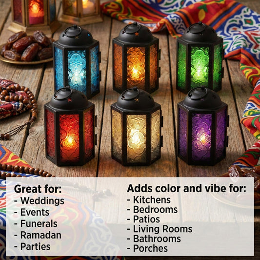 Mini Moroccan Tea Light Candle Holder Lanterns – 4.25" Small Decorative Lantern for Table or Hanging, Metal with Glass Panels – Ramadan, Wedding, Home Decor, As - Assorted Colors 6 - PT01