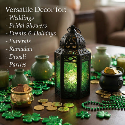 Black Metal Decorative Moroccan Lantern Candle Holder Lamp - Indoor/Outdoor, Home Decor, Patio, Weddings, Christmas - Green Small - PT02