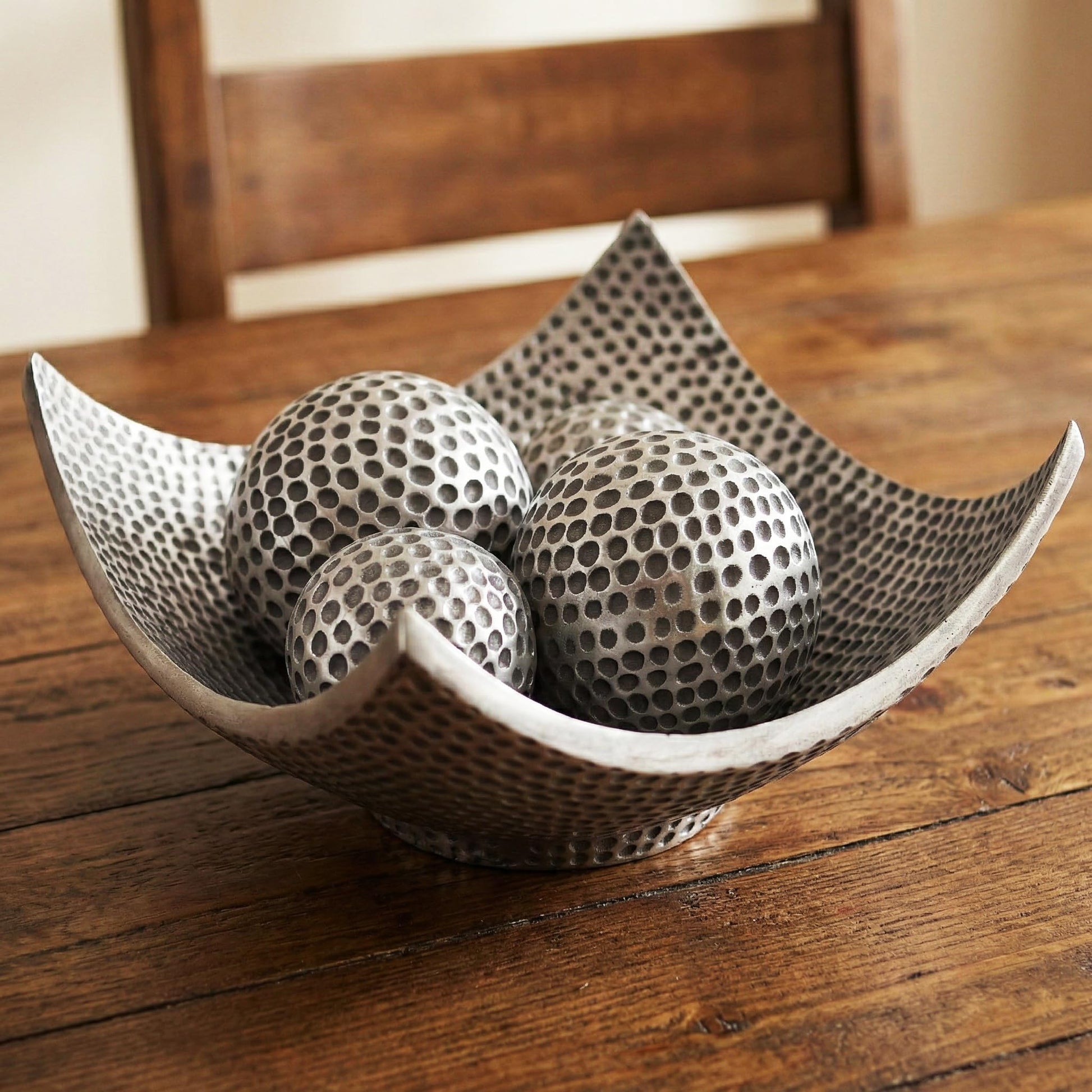 5pc Bowl Table Centerpieces for Dining Room, Large Decorative Bowls for Coffee Table Decor, Kitchen, Orbs/Balls Included, Silver - Silver Large - MAIN