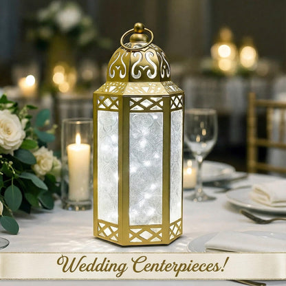 Metal Moroccan Decorative LED Fairy Lights Candle Lantern Holders for Indoor Home Fantasy Decor, Table Centerpieces, Outdoor Patio or Porch, Weddings, Medium - Gold Medium - PT06
