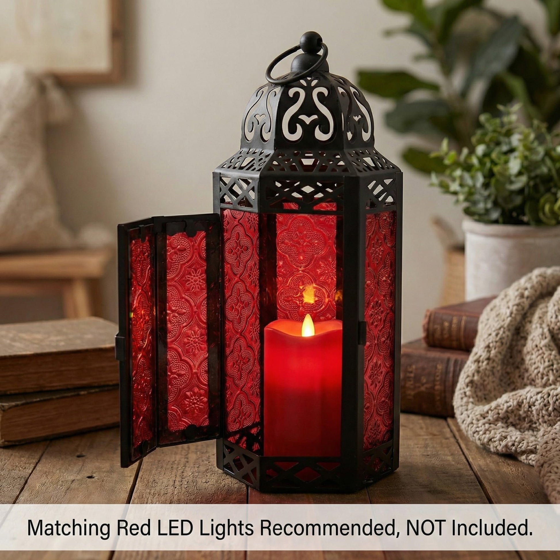 Black Metal Decorative Moroccan Lantern Candle Holder Lamp - Indoor/Outdoor, Home Decor, Patio, Weddings, Christmas - Red Medium - PT07