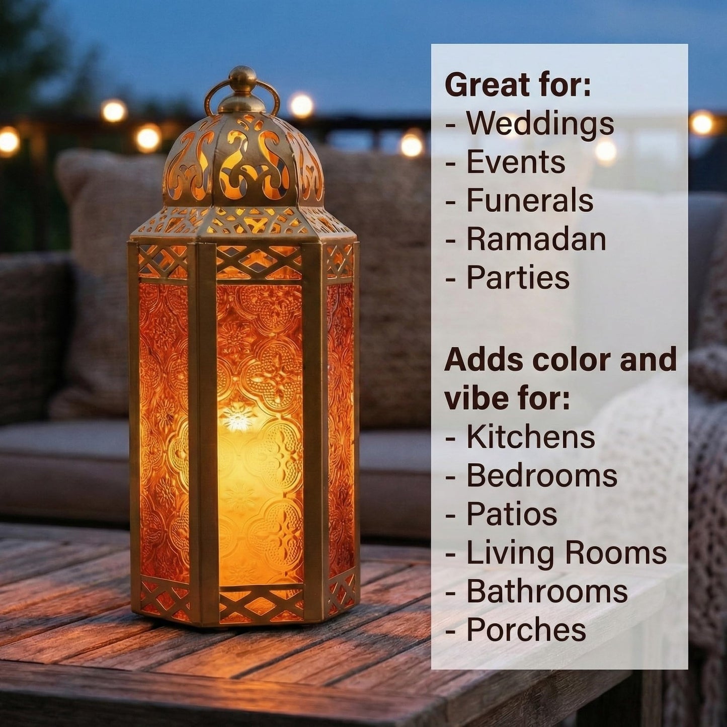 Gold Metal Decorative Moroccan Lantern Candle Holder Lamp - Indoor/Outdoor, Home Decor, Patio, Weddings, Christmas - Gold/Amber Medium - PT04