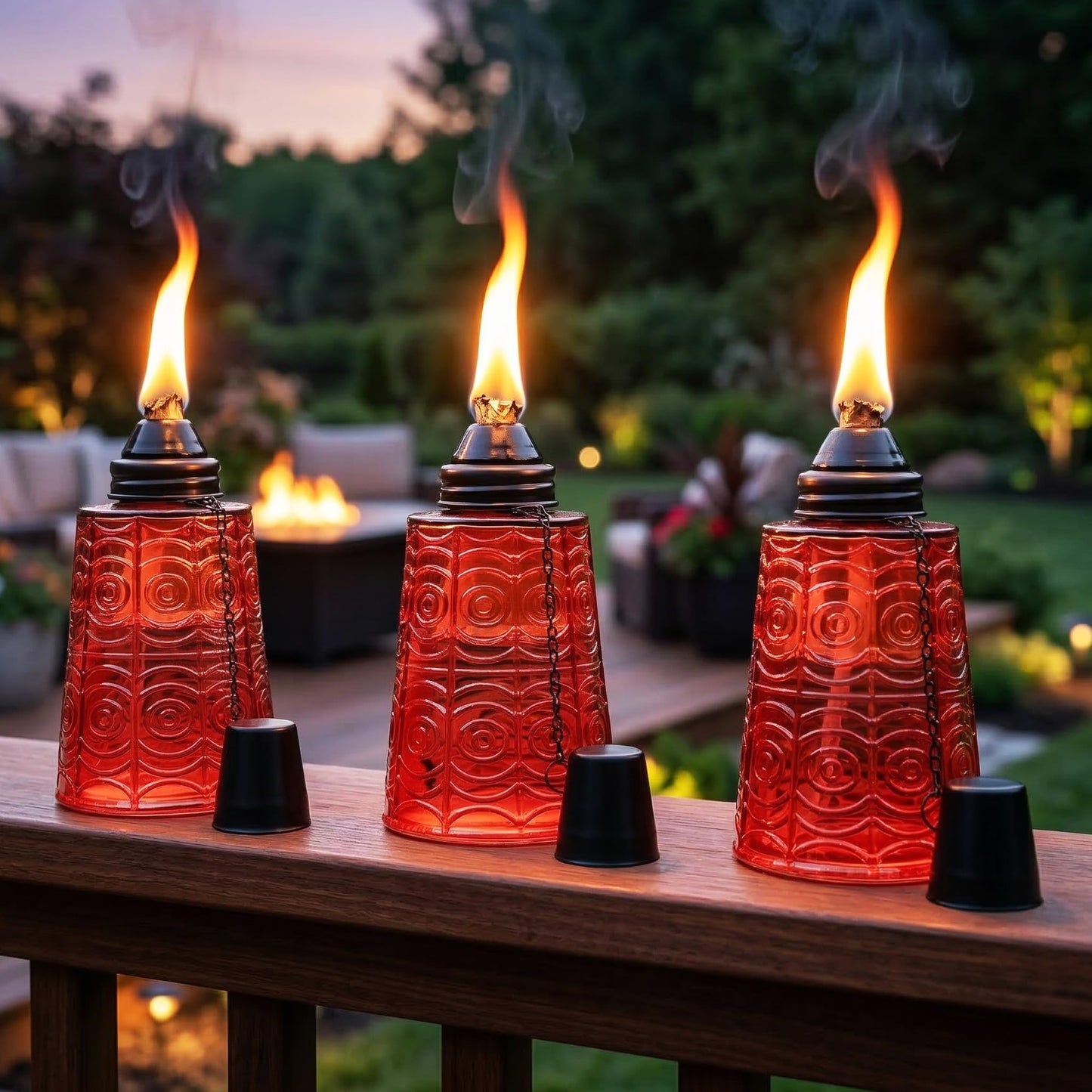Citronella Table Top Torches for Outdoor Patio, 16oz Decorative Glass Torch Citronella Candles for Outside Deck, Garden, Parties, Set of 3, Red - Red - PT05