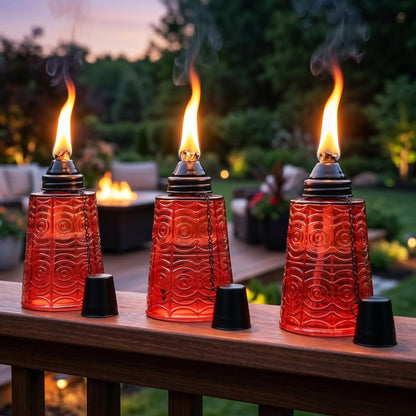 Citronella Table Top Torches for Outdoor Patio, 16oz Decorative Glass Torch Citronella Candles for Outside Deck, Garden, Parties, Set of 3, Red - Red - PT05