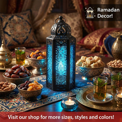Black Metal Decorative Moroccan Lantern Candle Holder Lamp - Indoor/Outdoor, Home Decor, Patio, Weddings, Christmas - Blue Medium - PT04