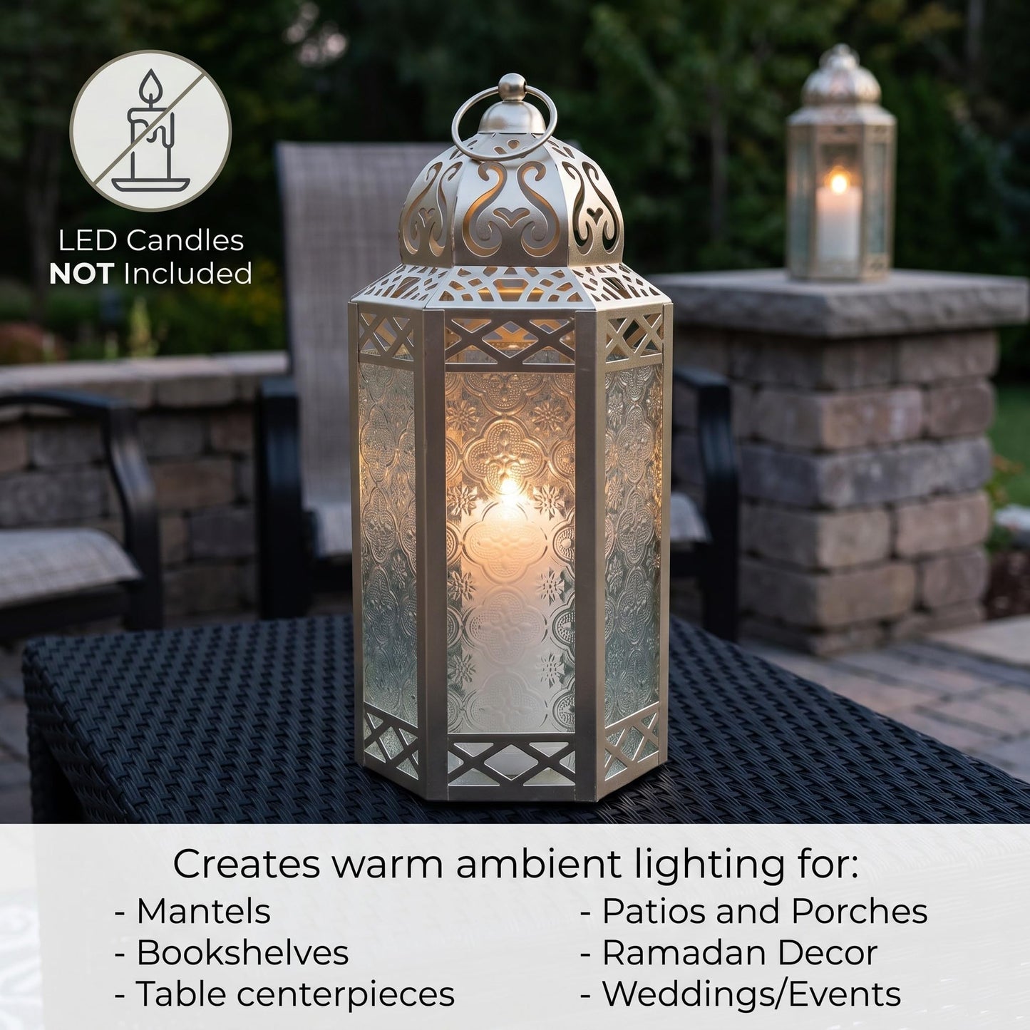 Black Metal Decorative Moroccan Lantern Candle Holder Lamp - Indoor/Outdoor, Home Decor, Patio, Weddings, Christmas - White Gold Large - PT03