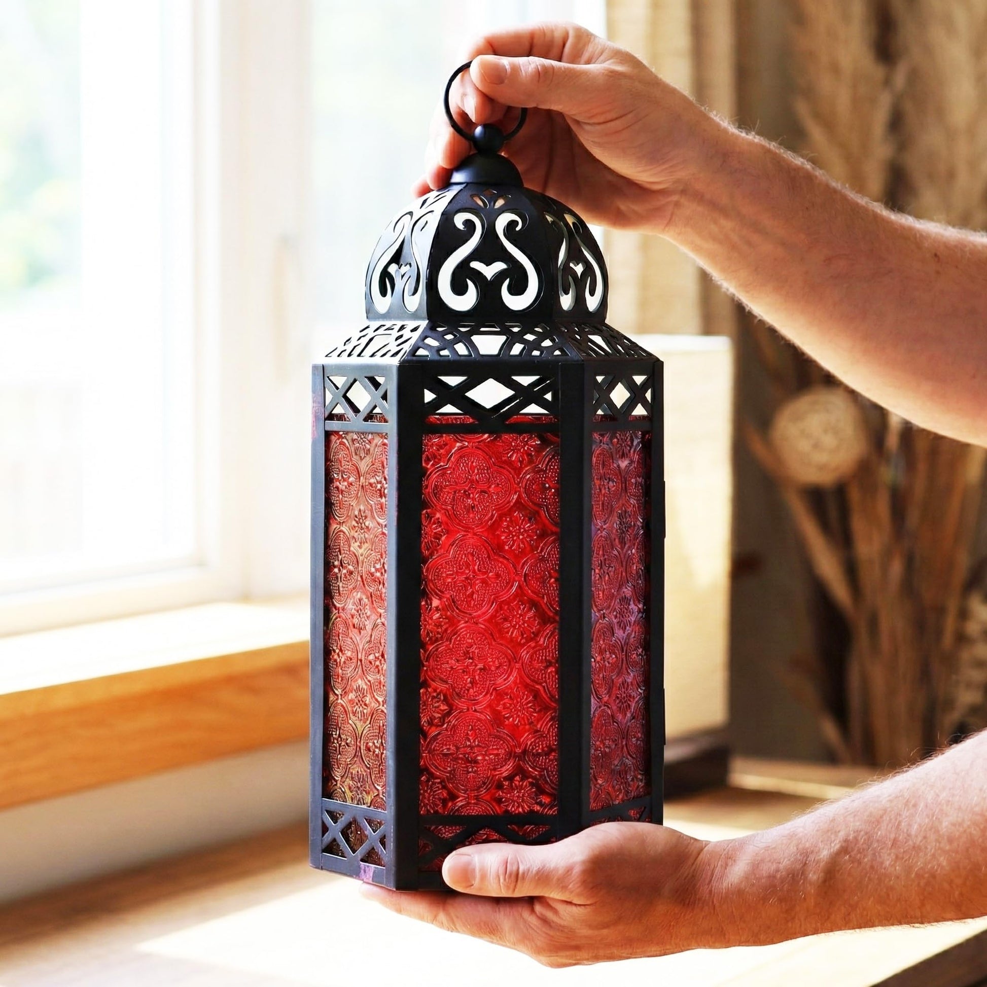 Black Metal Decorative Moroccan Lantern Candle Holder Lamp - Indoor/Outdoor, Home Decor, Patio, Weddings, Christmas - Red Large - PT02