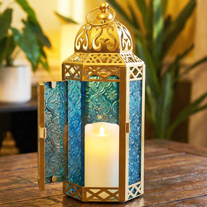 Gold Metal Decorative Moroccan Lantern Candle Holder Lamp - Indoor/Outdoor, Home Decor, Patio, Weddings, Christmas - Gold/Blue Medium - PT06
