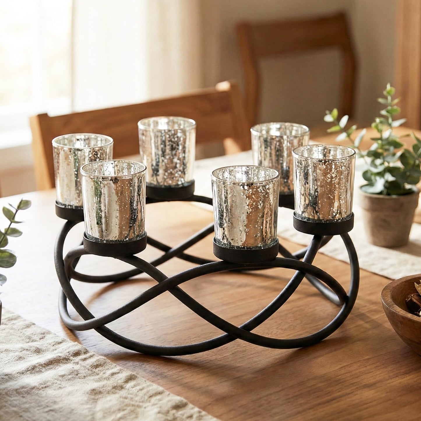 Iron Round Table Decor Christmas Centerpiece Decorations Candle Holder for Weddings, Outdoor Patio, Dining Room, and Coffee Tables, Glass Votive Tealight Holder - Black/Silver 6-Cup - MAIN