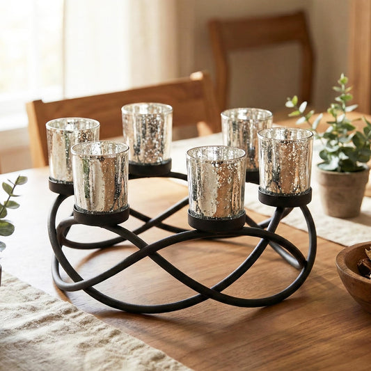 Iron Round Table Decor Christmas Centerpiece Decorations Candle Holder for Weddings, Outdoor Patio, Dining Room, and Coffee Tables, Glass Votive Tealight Holder - Black/Silver 6-Cup - MAIN