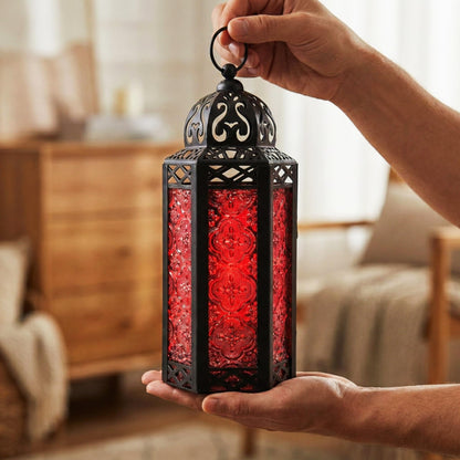 Black Metal Decorative Moroccan Lantern Candle Holder Lamp - Indoor/Outdoor, Home Decor, Patio, Weddings, Christmas - Red Medium - PT05