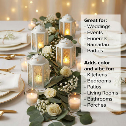 Mini Moroccan Tea Light Candle Holder Lanterns – 4.25" Small Decorative Lantern for Table or Hanging, Metal with Glass Panels – Ramadan, Wedding, Home Decor, Ma - Matte White 4 - PT01