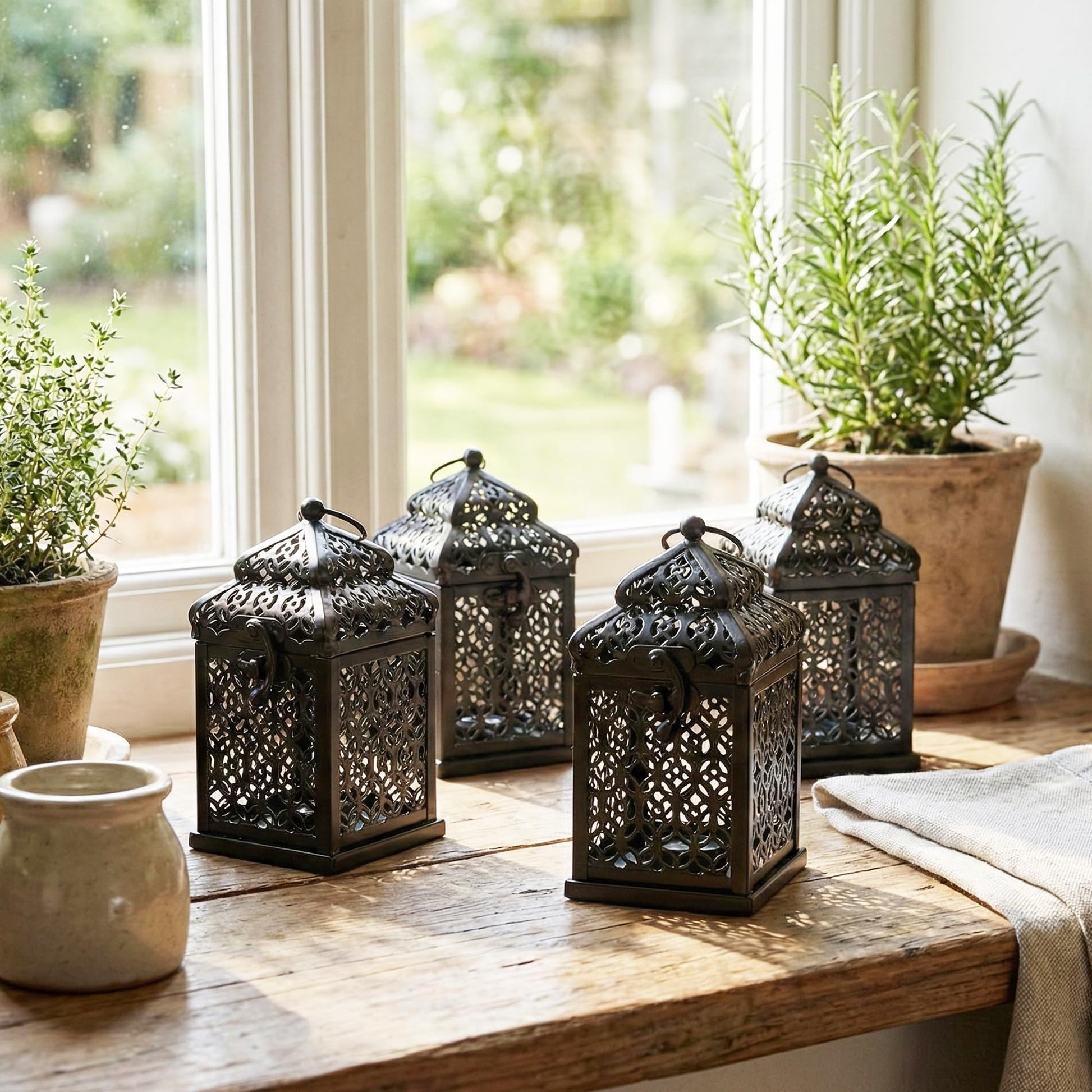 Mini Golden Tower Temple Moroccan Lantern Lamp Decorative Candle Holders for Ramadan Decorations, Hanging, Outdoor Patio or Porch, Indoor Home Decor, Set of 4 - Black Mini - PT01