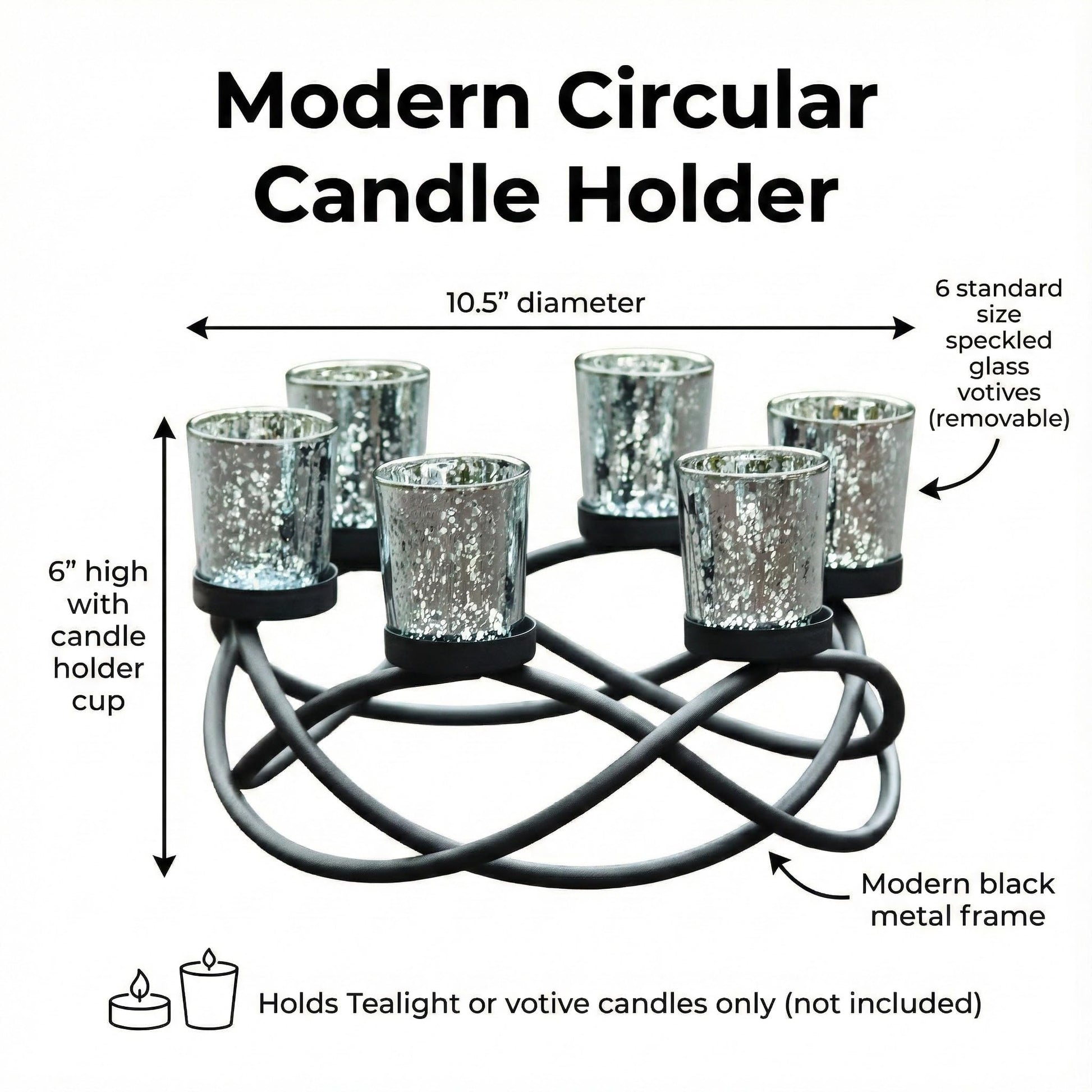 Iron Round Table Decor Christmas Centerpiece Decorations Candle Holder for Weddings, Outdoor Patio, Dining Room, and Coffee Tables, Glass Votive Tealight Holder - Black/Silver 6-Cup - PT04