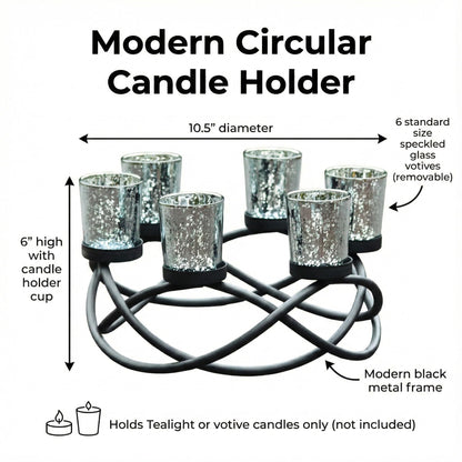 Iron Round Table Decor Christmas Centerpiece Decorations Candle Holder for Weddings, Outdoor Patio, Dining Room, and Coffee Tables, Glass Votive Tealight Holder - Black/Silver 6-Cup - PT04