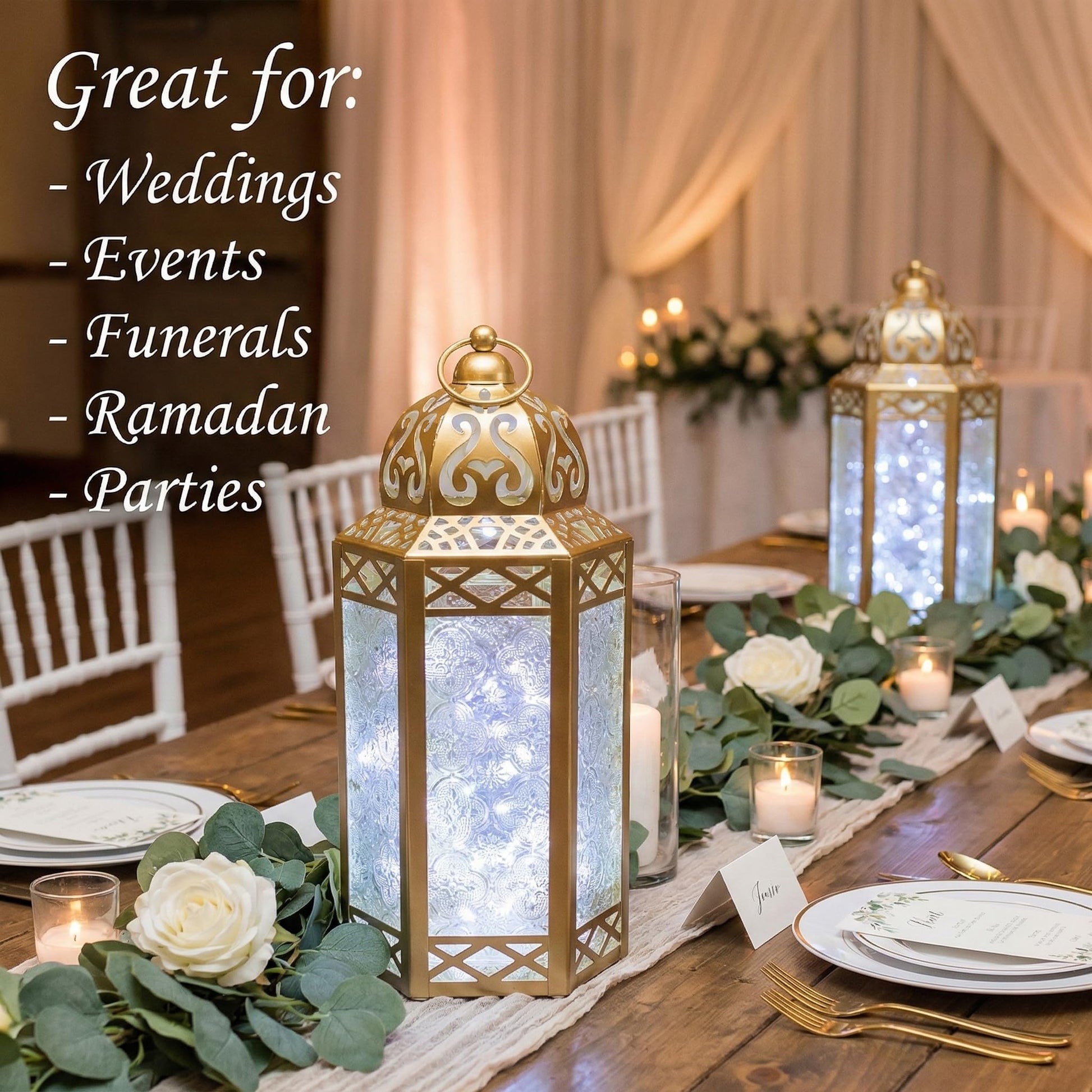 12” Gold Metal Moroccan Decorative Candle Lantern with White LED Twinkle Fairy Lights & Remote – Wedding Table Centerpieces, Ramadan, Indoor Home Decor, Outdoor - Gold Large - PT08