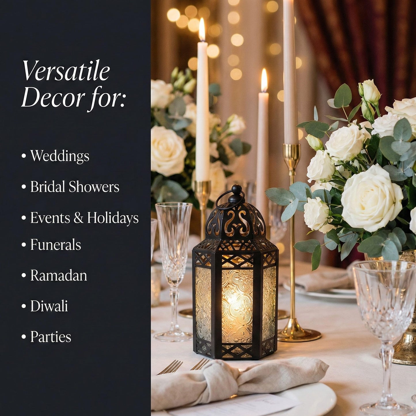 Black Metal Decorative Moroccan Lantern Candle Holder Lamp - Indoor/Outdoor, Home Decor, Patio, Weddings, Christmas - Clear Small - PT03