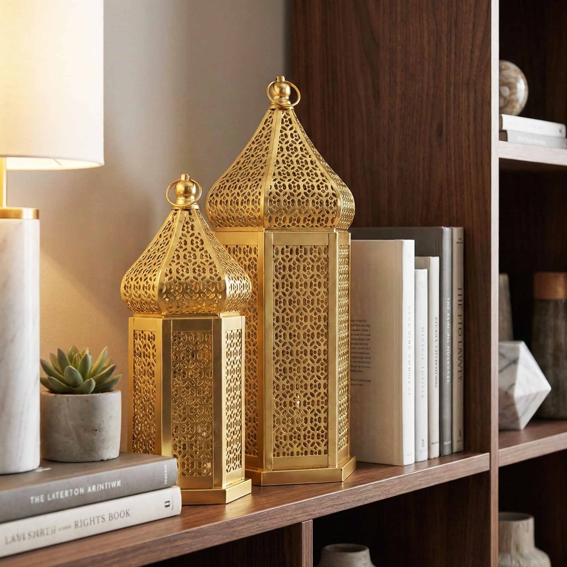 Tower Temple Moroccan Lantern Lamp Decorative Candle Holders - Gold Set of 2 - PT06