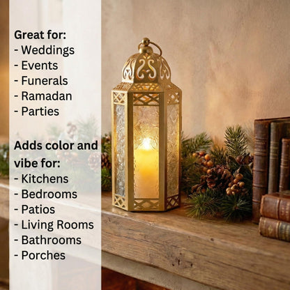 Gold Metal Decorative Moroccan Lantern Candle Holder Lamp - Indoor/Outdoor, Home Decor, Patio, Weddings, Christmas - Gold Medium - PT04
